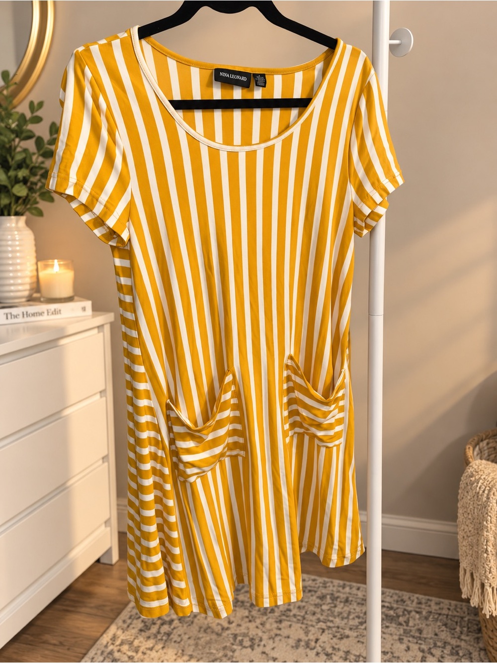 Nina Leonard Striped Knit Trapeze Dress Yellow & White Small